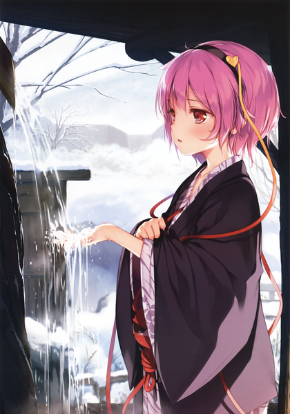 Anime picture 2566x3665 with touhou komeiji satori ke-ta single tall image blush fringe highres short hair open mouth red eyes standing pink hair sky cloud (clouds) outdoors traditional clothes japanese clothes scan inscription