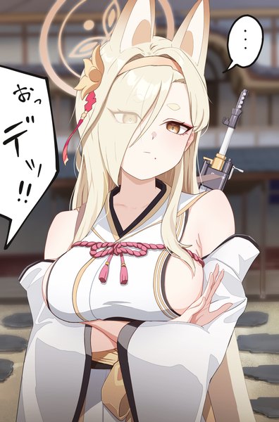 Anime-Bild 890x1350 mit blue archive kaho (blue archive) udon f single long hair tall image fringe breasts light erotic blonde hair large breasts brown eyes animal ears upper body traditional clothes japanese clothes hair over one eye mole fox ears sideboob
