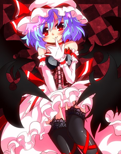 Anime picture 1300x1657 with touhou remilia scarlet gin (shioyude) single tall image blush short hair red eyes blue hair finger to mouth checkered background girl thighhighs dress black thighhighs wings wrist cuffs