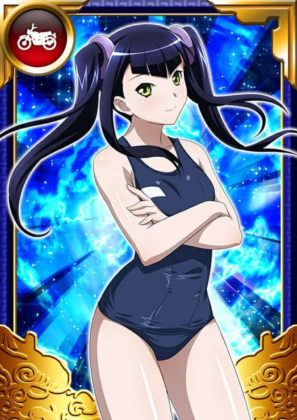 Anime picture 567x800 with ikkitousen saji genpou (true) single long hair tall image looking at viewer breasts light erotic black hair twintails yellow eyes flat chest card (medium) girl swimsuit one-piece swimsuit school swimsuit