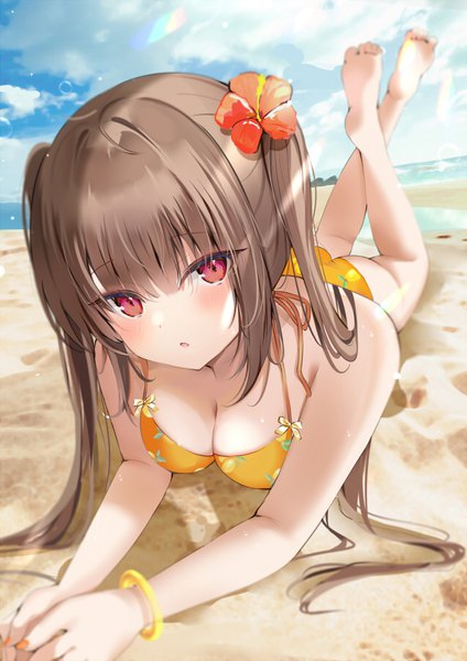 Anime picture 636x900 with original pon (ponidrop) single long hair tall image blush fringe breasts open mouth light erotic hair between eyes red eyes brown hair large breasts twintails sky cleavage cloud (clouds) full body bent knee (knees)