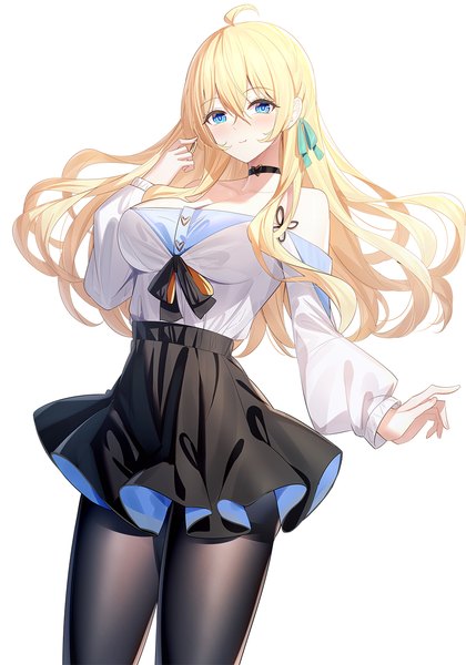 Anime picture 900x1285 with original saegusa futaba ririko (zhuoyandesailaer) single long hair tall image looking at viewer blush fringe breasts blue eyes simple background blonde hair smile hair between eyes large breasts standing white background bare shoulders cleavage