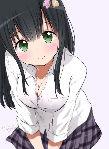 Anime picture 724x984 with original ragho no erika single long hair tall image looking at viewer blush fringe breasts light erotic black hair simple background smile green eyes signed cleavage blunt bangs head tilt grey background leaning