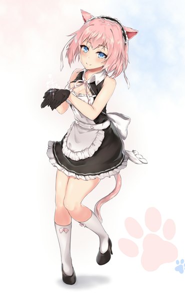 Anime picture 1419x2300 with original pixel (yuxian) single tall image looking at viewer fringe short hair breasts blue eyes simple background smile large breasts standing animal ears pink hair full body tail animal tail cat ears cat girl