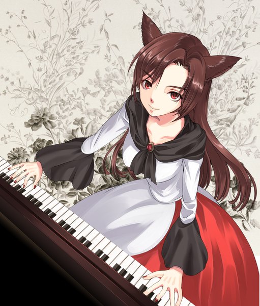 Anime picture 1335x1566 with touhou imaizumi kagerou kyuu umi single long hair tall image looking at viewer breasts smile red eyes brown hair animal ears long sleeves nail polish from above wolf ears floral background girl dress musical instrument