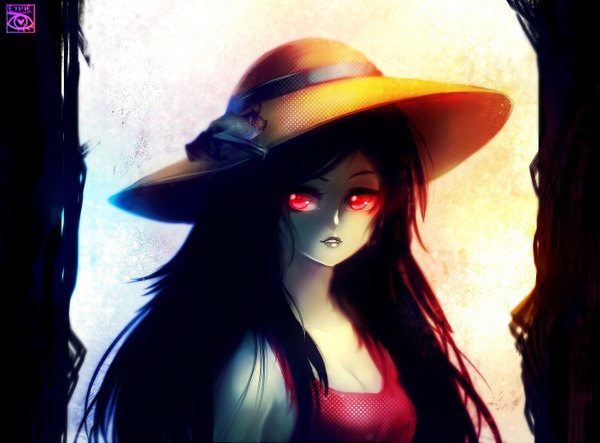 Anime picture 1464x1083 with adventure time marceline (adventure time) e-x-p-i-e single long hair simple background red eyes light smile pale skin girl hat straw hat bat