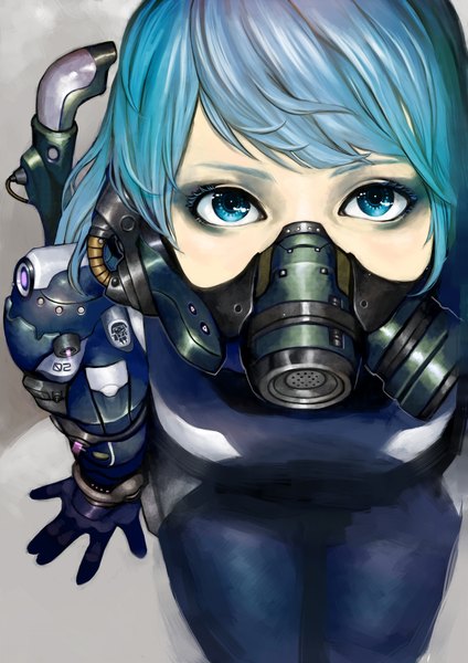 Anime picture 1413x2000 with original zashiki warashi (artist) single long hair tall image looking at viewer fringe blue eyes simple background from above aqua hair grey background girl gloves bodysuit respirator