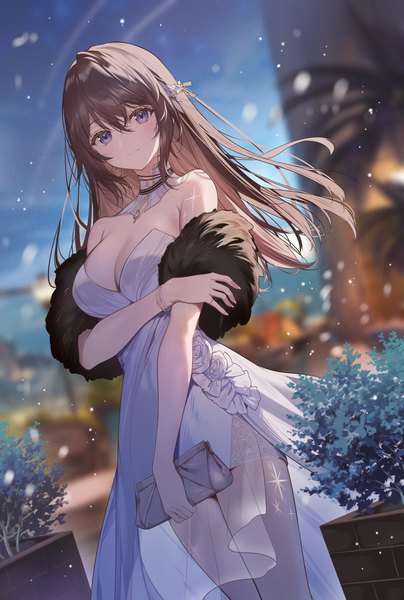 Anime picture 1200x1780 with original necomi (gussan) single long hair tall image looking at viewer blush fringe breasts blue eyes hair between eyes brown hair standing bare shoulders holding cleavage outdoors light smile blurry night