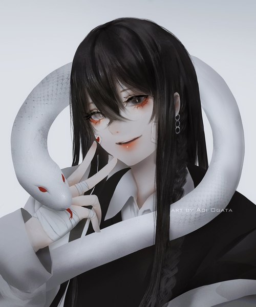 Anime picture 1200x1440 with original aoi ogata single long hair tall image looking at viewer fringe open mouth black hair simple background smile hair between eyes signed upper body braid (braids) black eyes grey eyes heterochromia gradient background victory