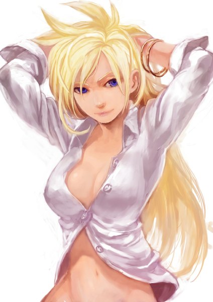 Anime picture 636x900 with panty & stocking with garterbelt anarchy panty lack single long hair tall image looking at viewer breasts blue eyes light erotic simple background blonde hair white background arms behind head hand on head naked shirt girl navel shirt bracelet