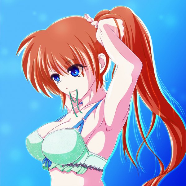 Anime picture 2000x2000 with mahou shoujo lyrical nanoha takamachi nanoha tappa (esperanza) single long hair highres breasts blue eyes light erotic holding red hair mouth hold side ponytail blue background girl lingerie bra