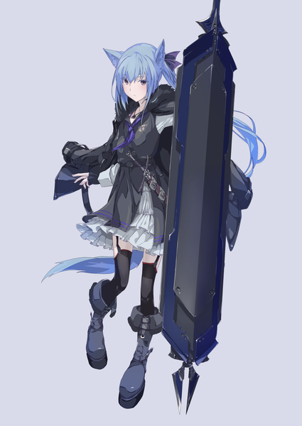 Anime picture 1881x2656 with original mikisai single long hair tall image looking at viewer fringe highres simple background hair between eyes standing holding animal ears payot blue hair full body bent knee (knees) ponytail tail long sleeves