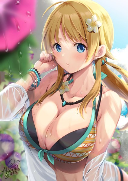 Anime picture 990x1400 with idolmaster idolmaster shiny colors hachimiya meguru azuma yuki single long hair tall image looking at viewer blush fringe breasts open mouth blue eyes light erotic blonde hair large breasts cleavage upper body ahoge outdoors
