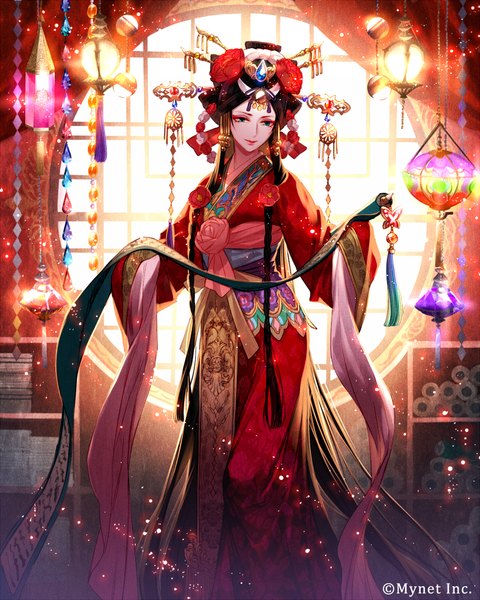 Anime picture 800x1000 with original tayuya1130 single long hair tall image blue eyes black hair standing holding indoors traditional clothes japanese clothes hair flower light smile lips lipstick lens flare eyeshadow red lipstick makeup