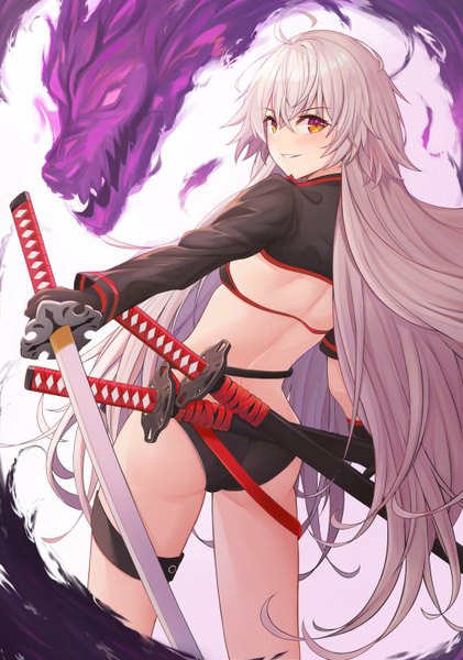 Anime picture 1080x1540 with fate (series) fate/grand order jeanne d'arc (fate) (all) jeanne d'arc alter (fate) jeanne d'arc alter (swimsuit berserker) (fate) pipipipyu single long hair tall image looking at viewer blush fringe light erotic simple background smile hair between eyes holding yellow eyes ahoge white hair
