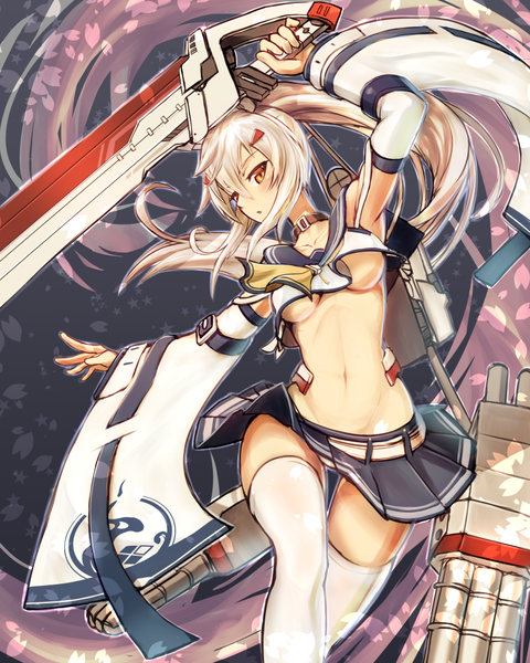 Anime picture 809x1012 with azur lane ayanami (azur lane) iroia single long hair tall image blush fringe breasts light erotic blonde hair hair between eyes standing holding payot ponytail parted lips pleated skirt arm up wide sleeves