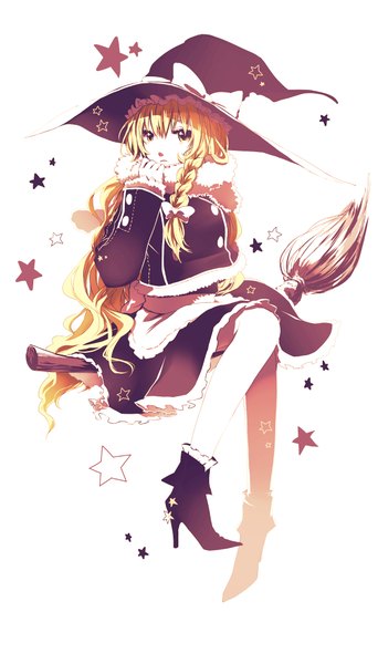 Anime picture 1200x2100 with touhou kirisame marisa dlei single tall image simple background blonde hair white background sitting yellow eyes looking away braid (braids) high heels single braid girl skirt boots scarf star (symbol) witch hat
