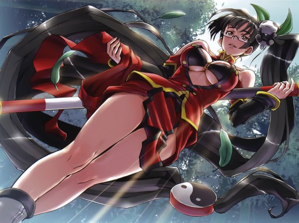 Anime picture 2407x1800 with blazblue litchi faye ling long hair highres breasts light erotic black hair brown eyes very long hair side ponytail yin yang girl