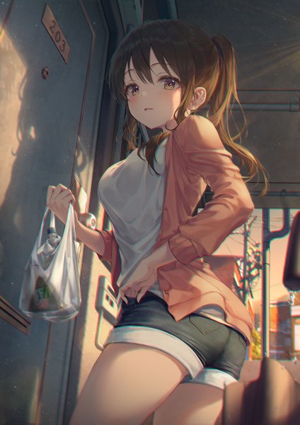 Anime picture 1773x2509 with original r o ha single long hair tall image looking at viewer blush fringe highres open mouth hair between eyes brown hair standing holding brown eyes payot ponytail indoors long sleeves sunlight