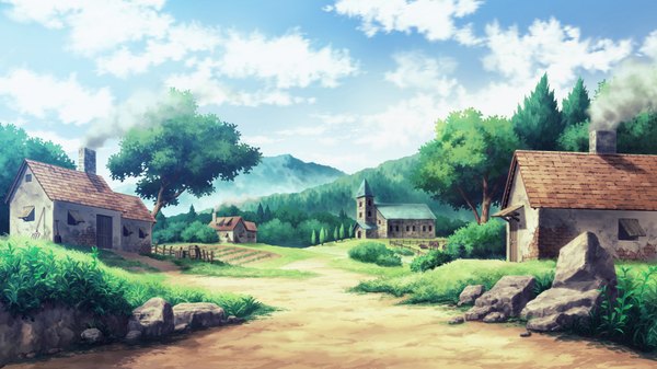 Anime picture 1280x720 with madou koukaku eushully wide image game cg sky cloud (clouds) mountain no people plant (plants) tree (trees) house path