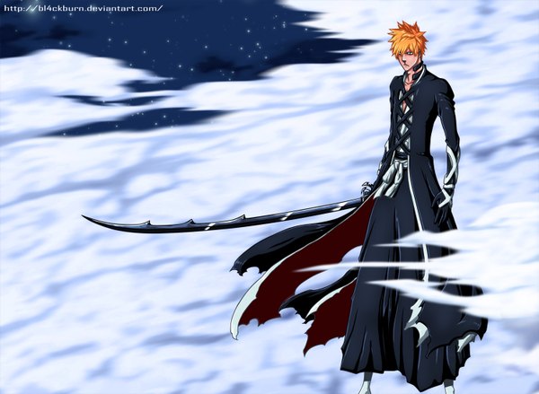 Anime picture 1501x1100 with bleach studio pierrot kurosaki ichigo bl4ckburn single short hair japanese clothes black eyes orange hair night sky coloring torn clothes smoke boy weapon sword kimono star (stars)