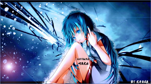 Anime picture 1920x1080 with original vocaloid hatsune miku maclo (makuro) single long hair highres blue eyes wide image blue hair legs middle finger girl