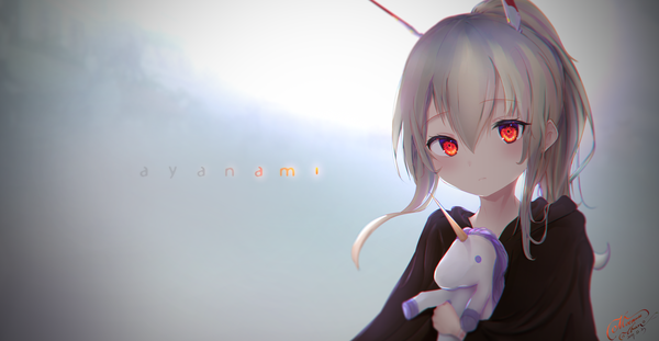 Anime picture 4538x2354 with azur lane ayanami (azur lane) moemaru single long hair blush fringe highres blonde hair hair between eyes red eyes wide image holding signed looking away absurdres upper body ponytail character names gradient background