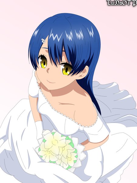 Anime picture 1779x2364 with shokugeki no soma j.c. staff tadokoro megumi lunaotp single long hair tall image looking at viewer fringe highres simple background bare shoulders yellow eyes blue hair light smile from above girl dress gloves flower (flowers)