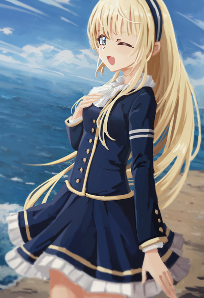 Anime picture 1664x2432 with original rune (dualhart) single long hair tall image looking at viewer blush fringe open mouth blue eyes blonde hair standing sky cloud (clouds) outdoors long sleeves one eye closed wink hand on chest ;d