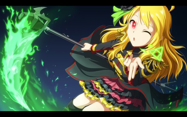 Anime picture 1920x1200 with idolmaster hoshii miki kouchou single long hair looking at viewer highres open mouth blonde hair red eyes one eye closed wink glowing girl dress microphone stand