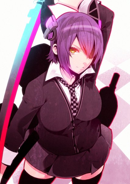 Anime picture 620x874 with kantai collection tenryuu light cruiser kuso bba single tall image looking at viewer fringe short hair smile yellow eyes purple hair from above hair over one eye arm behind head checkered floor floor girl thighhighs uniform hair ornament