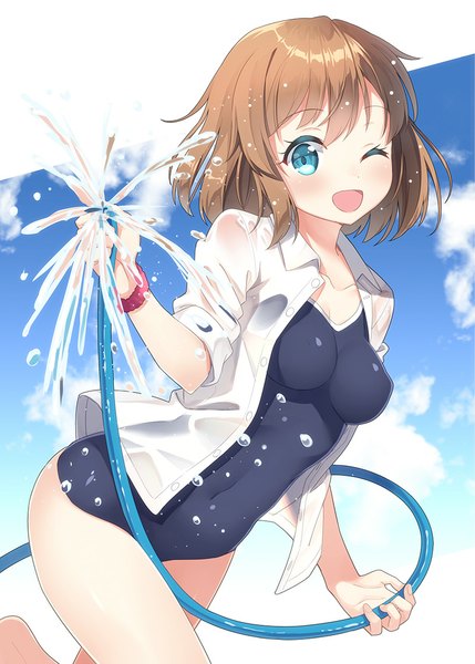 Anime picture 800x1119 with original hyuuga azuri single tall image looking at viewer blush fringe short hair breasts open mouth blue eyes light erotic brown hair sky one eye closed wink open clothes open shirt covered navel wet clothes