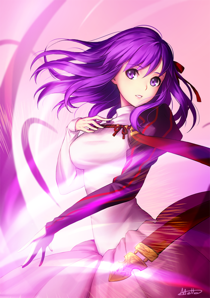 Anime picture 707x1000 with fate (series) fate/stay night type-moon matou sakura metto single long hair tall image looking at viewer fringe standing purple eyes purple hair parted lips magic hand on chest girl ribbon (ribbons) hair ribbon