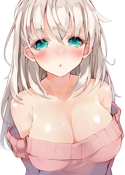 Anime picture 700x979 with original kou mashiro single long hair tall image looking at viewer blush fringe breasts light erotic simple background hair between eyes large breasts white background bare shoulders green eyes cleavage upper body parted lips grey hair