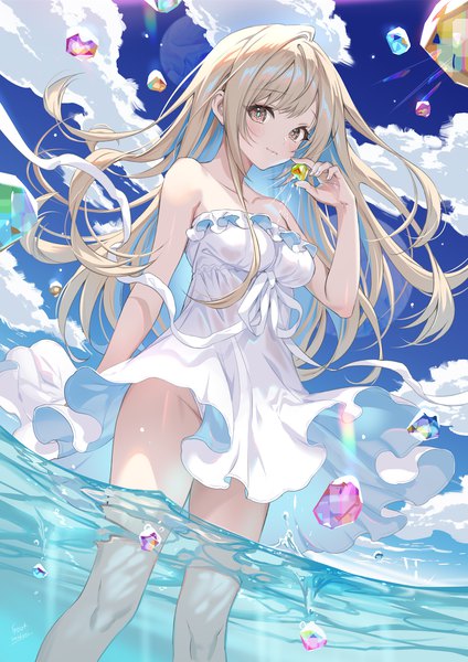 Anime picture 1200x1697 with original midori foo single long hair tall image looking at viewer blush fringe breasts light erotic smile standing bare shoulders holding sky silver hair cloud (clouds) outdoors multicolored hair wind