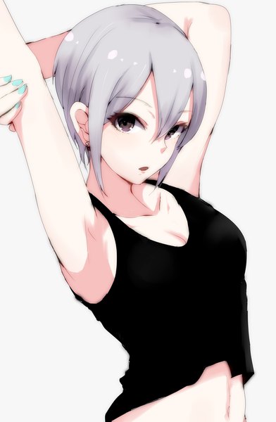 Anime picture 3013x4605 with idolmaster idolmaster cinderella girls shiomi shuuko ryuu. single tall image looking at viewer blush fringe highres short hair breasts open mouth simple background hair between eyes absurdres cleavage upper body nail polish fingernails