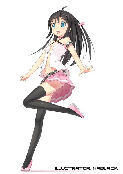 Anime picture 707x1000 with original kuro-kun (nablack) single long hair tall image blush open mouth blue eyes black hair simple background white background ahoge girl thighhighs skirt navel black thighhighs