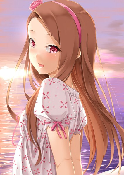Anime picture 827x1169 with idolmaster minase iori miri (ago550421) single long hair tall image brown hair cloud (clouds) pink eyes evening sunset horizon girl dress hairband