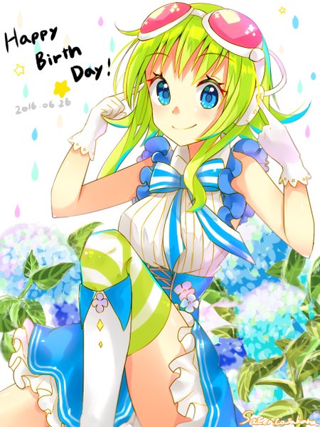 Anime picture 912x1216 with vocaloid gumi solanikieru single tall image blush fringe short hair blue eyes smile sitting green hair dated summer happy birthday goggles on head hand on headphones alternate eye color girl thighhighs