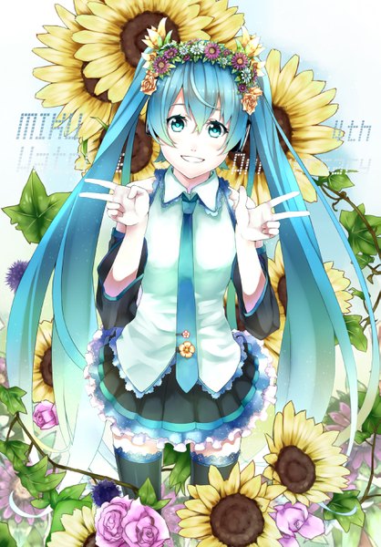 Anime picture 1045x1500 with vocaloid hatsune miku retsuna single long hair tall image twintails aqua eyes aqua hair victory girl flower (flowers) detached sleeves necktie sunflower wreath head wreath