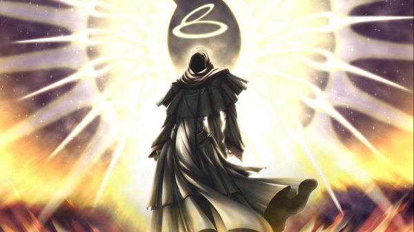 Anime picture 1366x768 with soukoku no arterial single wide image game cg wings hood cloak halo