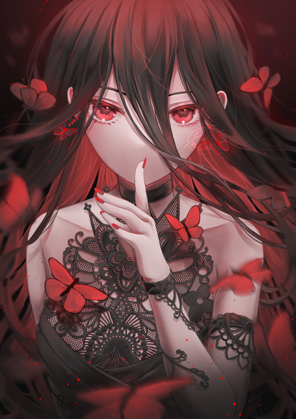 Anime picture 1179x1667 with original yuubarish single long hair tall image looking at viewer fringe black hair hair between eyes red eyes signed upper body nail polish multicolored hair fingernails blurry finger to mouth colored inner hair long fingernails red nail polish