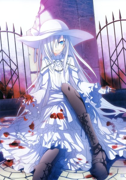 Anime picture 2114x3018 with single long hair tall image fringe highres blue eyes white hair hair over one eye girl dress hat petals blood