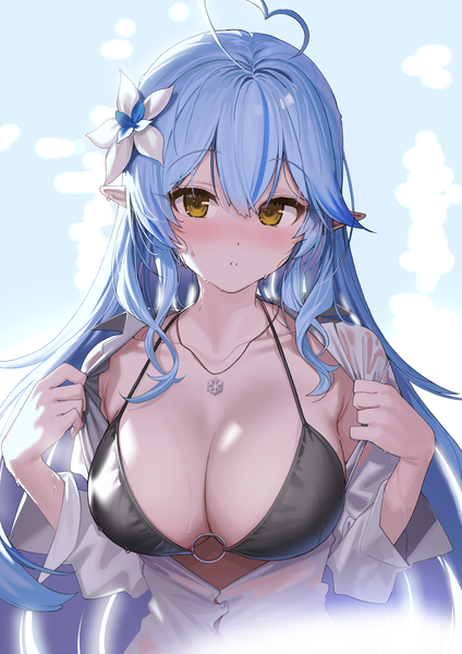 Anime picture 1736x2455 with virtual youtuber hololive yukihana lamy kanzarin (hoochikiss) single long hair tall image looking at viewer blush fringe highres breasts light erotic simple background hair between eyes large breasts standing blue hair upper body ahoge