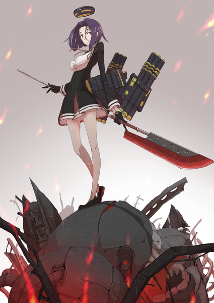 Anime picture 901x1273 with kantai collection tatsuta light cruiser boushi-ya single tall image short hair red eyes looking away purple hair bare legs girl gloves weapon black gloves shoes halo spear flame