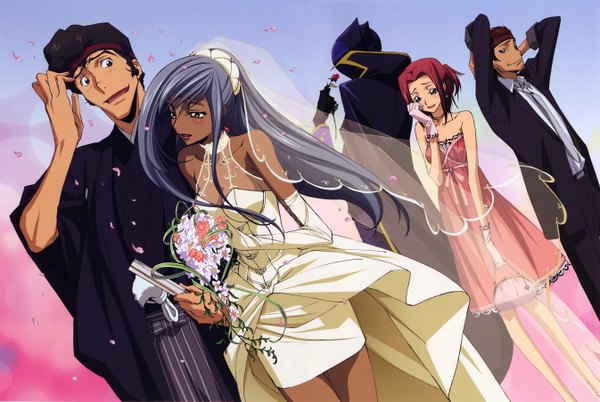 Anime picture 5383x3613 with code geass sunrise (studio) lelouch lamperouge kallen stadtfeld zero (code geass) viletta nu tamaki shin'ichirou highres dress wedding dress ougi kaname