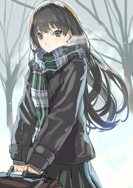 Anime picture 712x1000 with original ranou single long hair tall image fringe blue eyes black hair standing pleated skirt snowing winter snow exhalation bare tree girl skirt plant (plants) tree (trees) jacket
