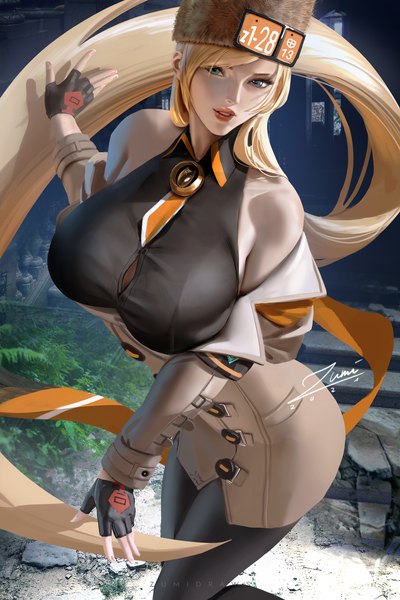 Anime picture 2339x3508 with guilty gear millia rage zumi (zumidraws) single tall image looking at viewer fringe highres breasts blue eyes light erotic blonde hair large breasts standing signed outdoors long sleeves very long hair parted lips lips