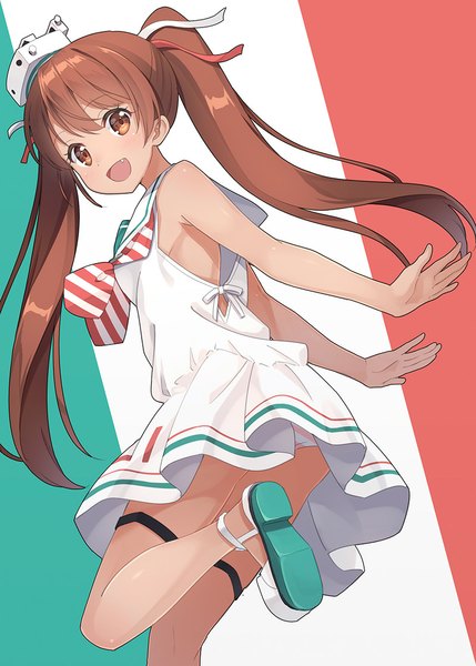 Anime picture 800x1119 with kantai collection libeccio destroyer libeccio (kantai collection) hyuuga azuri single long hair tall image open mouth light erotic brown hair twintails brown eyes pantyshot girl dress underwear panties
