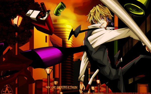 Anime-Bild 2560x1600 mit durarara!! brains base (studio) heiwajima shizuo highres blonde hair red eyes wide image city street destruction sunglasses removed boy sunglasses